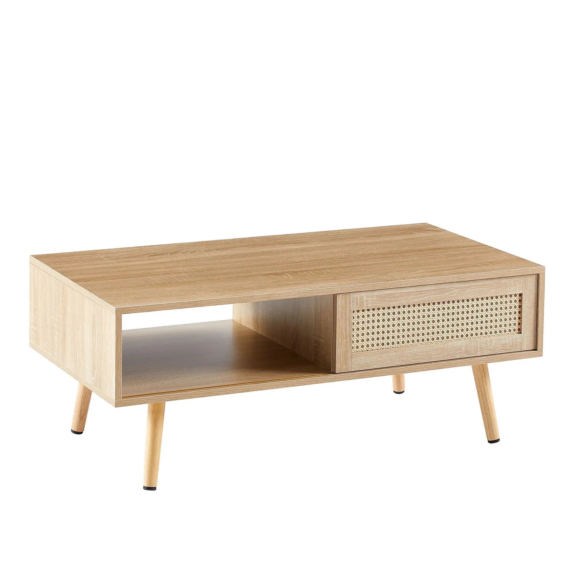 41.34" Rattan Coffee Table, Sliding Door For Storage, Solid Wood Legs, Modern Table For Living Room by HouseOfZazla