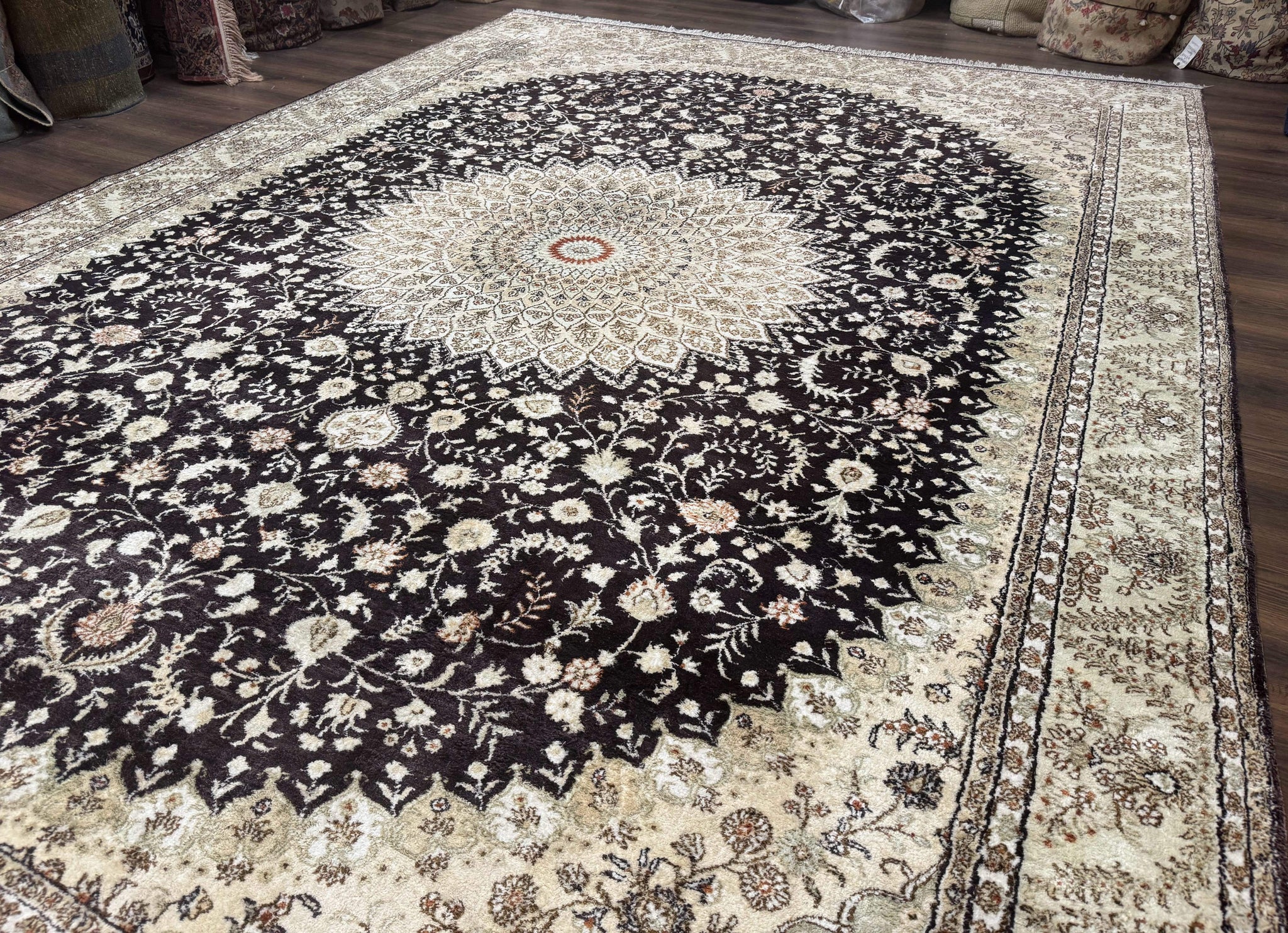 Indian Kashmiri Silk Rug 10x14, Floral Medallion by Jewel Rugs