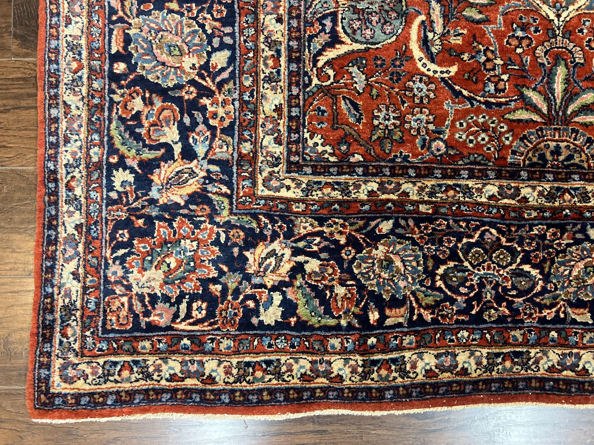 Persian Sarouk Rug 9x12, Red and Dark Blue Floral Allover Antique Persian Carpet, Handmade Wool Qazvin Rug by Jewel Rugs
