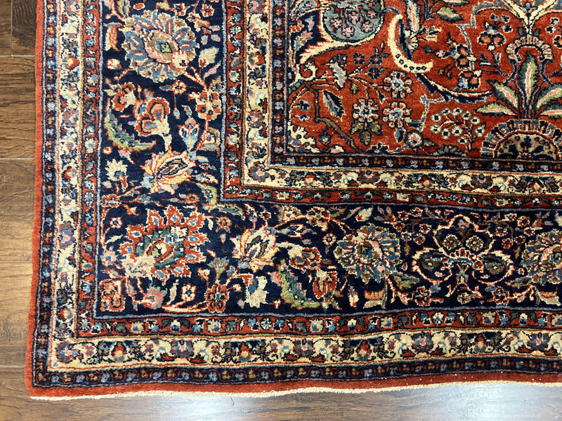 Persian Sarouk Rug 9x12, Red and Dark Blue Floral Allover Antique Persian Carpet, Handmade Wool Qazvin Rug by Jewel Rugs