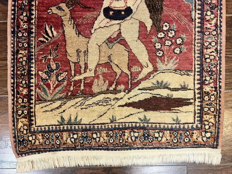 Antique Persian Kirman Rug 2 x 2.5, Small Hand Knotted Wool Carpet, Lavar Rug, Shepherd with Ram Pictorial Rug #1 by Jewel Rugs