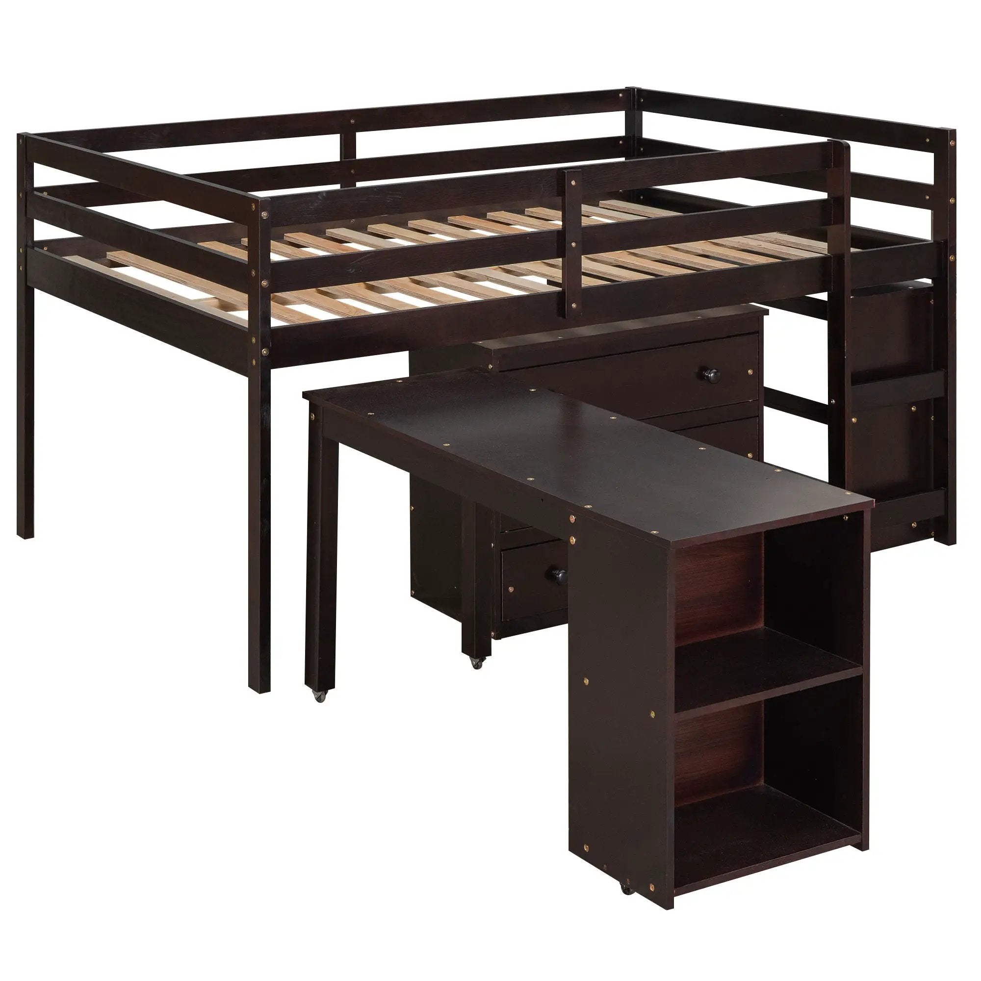 Loft Low Study Bed With Cabinet, Shelves And Rolling Portable Desk, Multiple Functions by HouseOfZazla