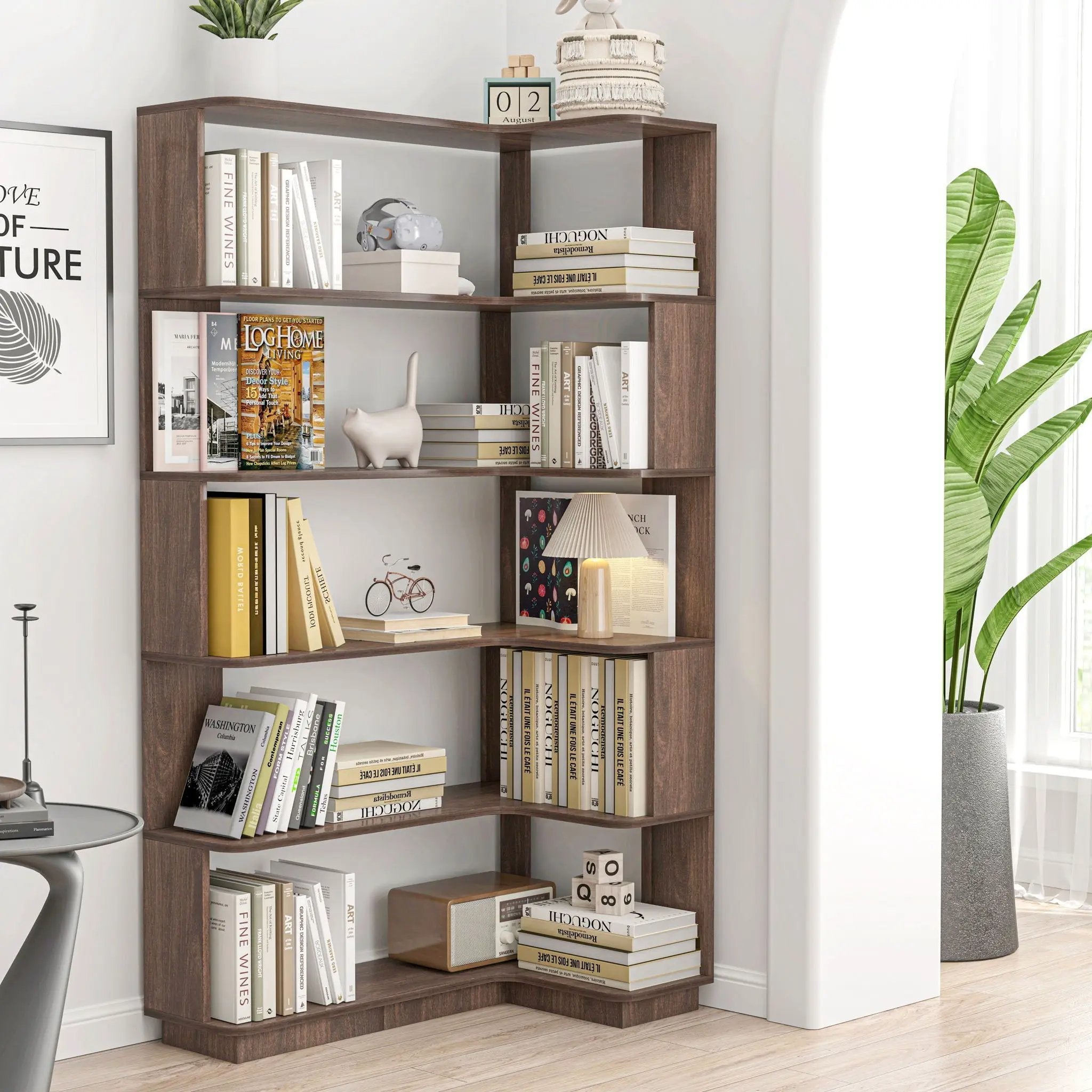 Freestanding Corner Bookshelf For Living Room - Dark Brown by HouseOfZazla