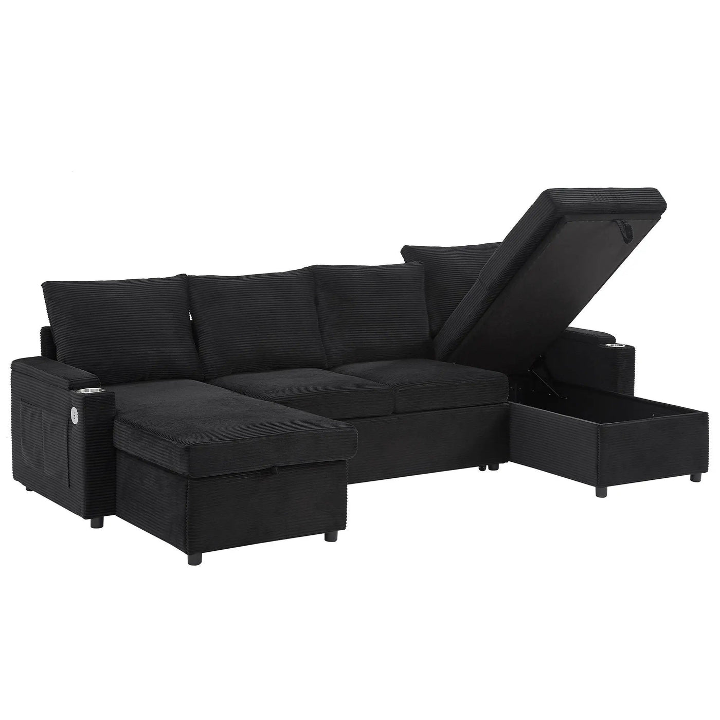 U Shaped Sectional Sofa Bed With Storage Chaise Lounges, USB Ports, And Cup Holders by HouseOfZazla