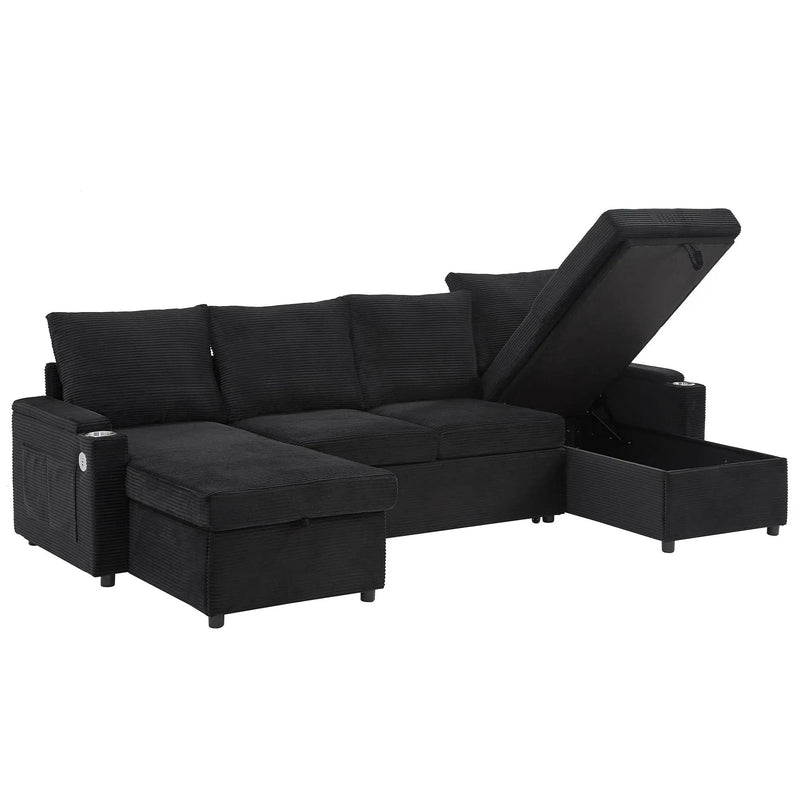 U Shaped Sectional Sofa Bed With Storage Chaise Lounges, USB Ports, And Cup Holders by HouseOfZazla