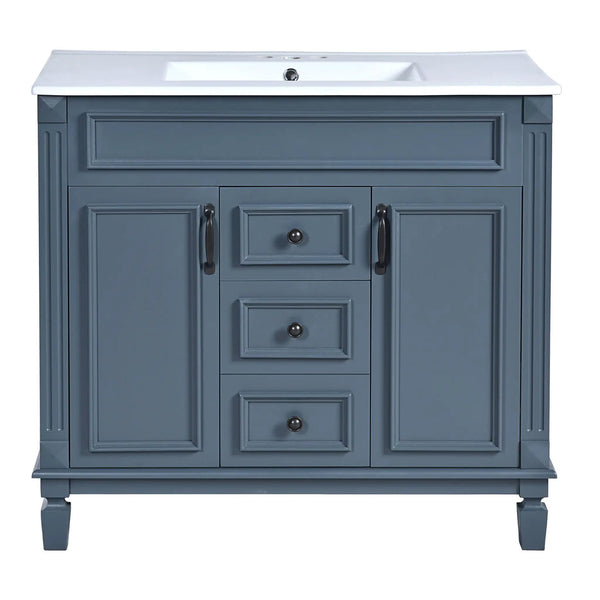 36" Bathroom Vanity With Top Sink, Basin On Cabinet With 2 Soft Closing Doors And 2 Drawers - Blue