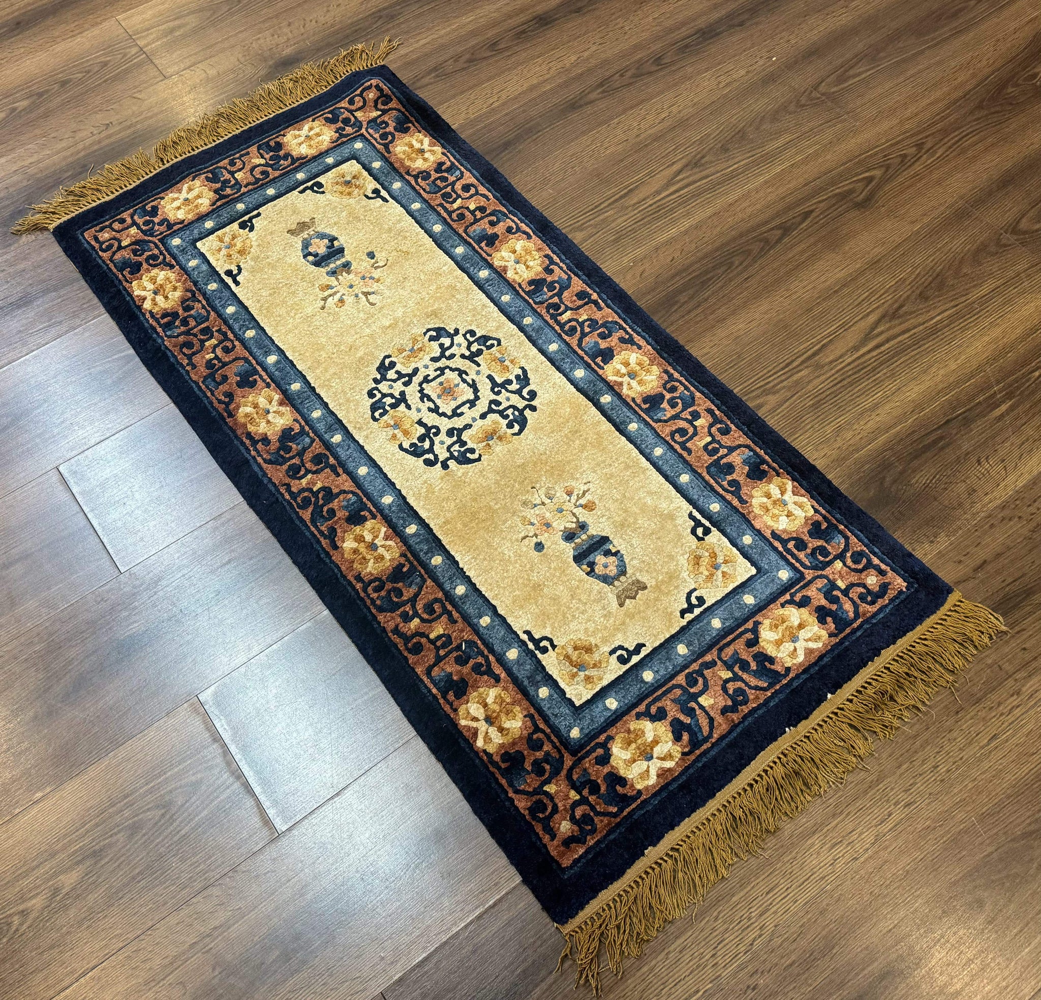 Silk Chinese Rug 2x4, Peking Carpet, Golden-Beige and Blue, Hand Knotted, Simple Design by Jewel Rugs