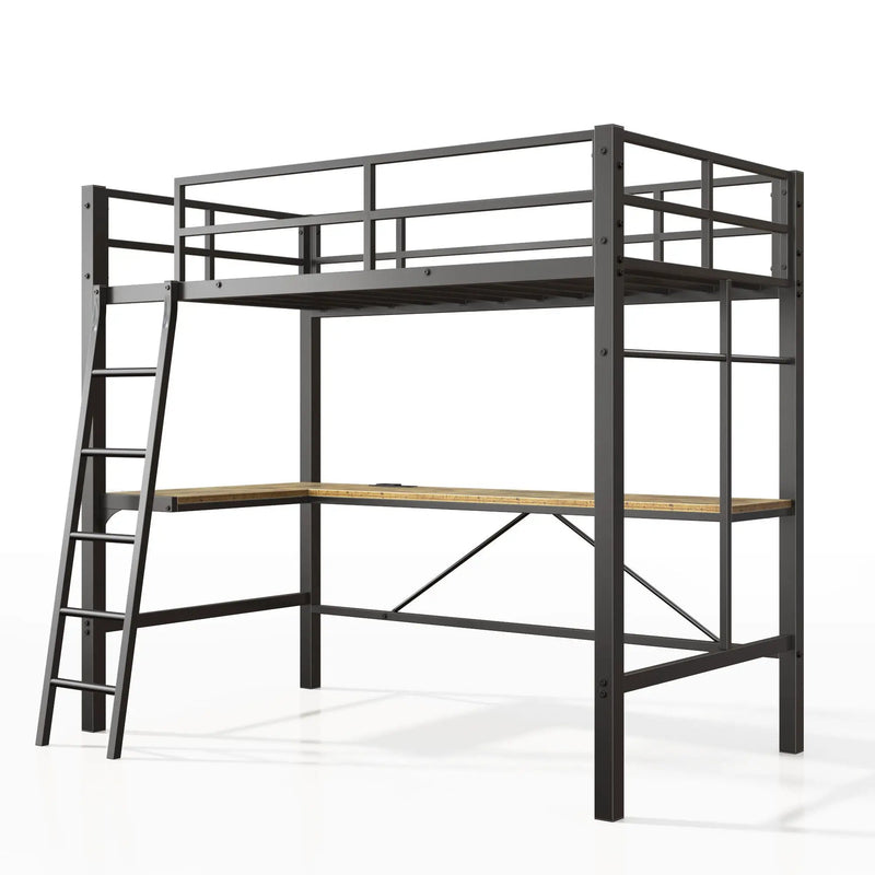 Twin Metal Loft Bed With L - Shaped Desk, Charging Station Loft Bed Frame Twin Size, Safety Guard & Ladder, No Box Spring Needed - Black by HouseOfZazla