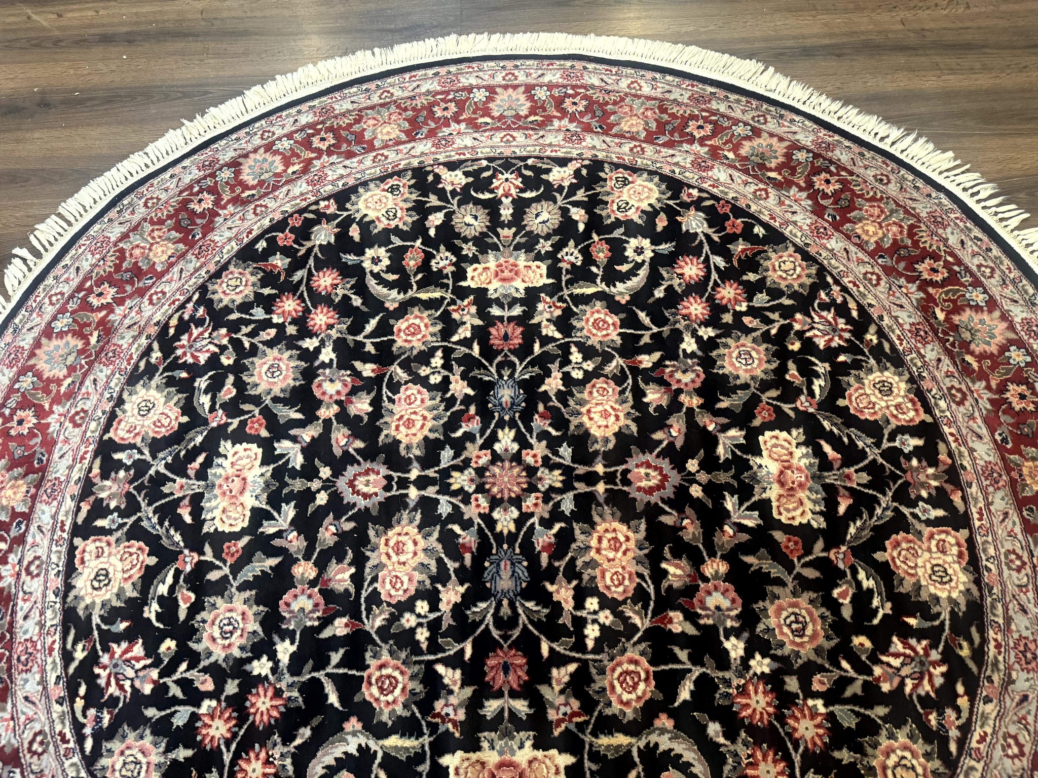 Round Sino Persian Rug 6x6, Floral, Navy Blue and Red, Wool and Silk Highlights by Jewel Rugs