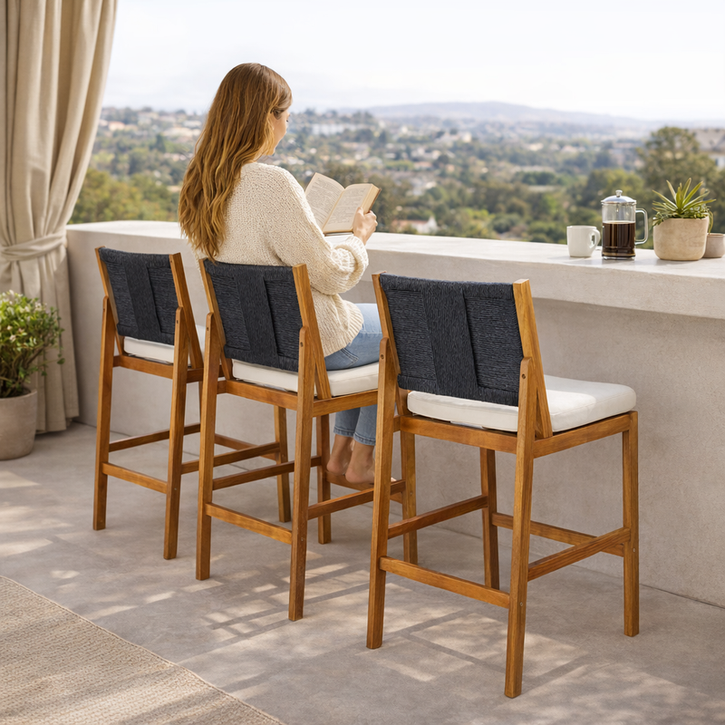 4 Pieces Arly Black Outdoor Bar Stool Solid Acacia Wood and Woven Wicker by HouseOfZazla