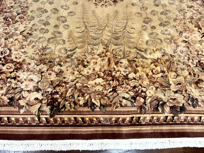 Aubusson Wool Rug 9x11, Wool with Silk Highlights, European Design, Vintage, Handmade, Floral, Fine 210 KPSI by Jewel Rugs
