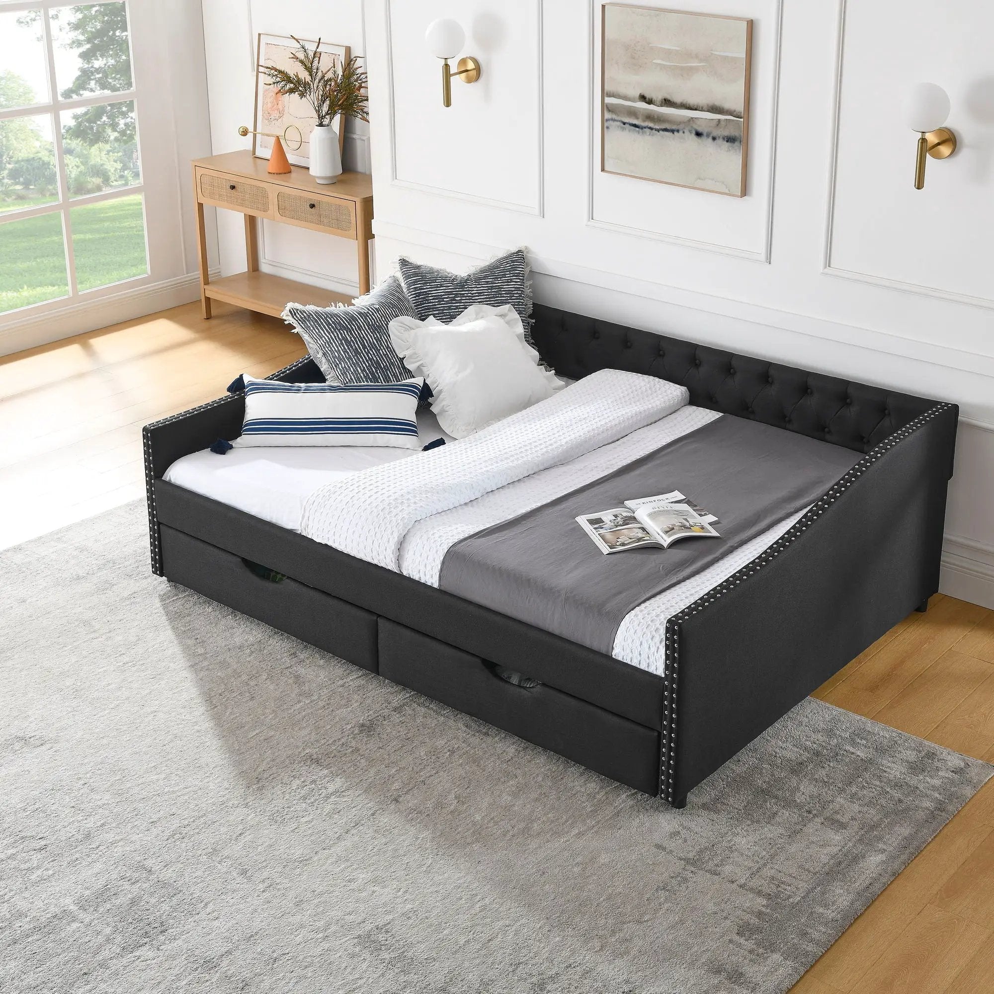 Upholstered Tufted Daybed With 2 Drawers, Waved Arms by Unique Piece Furniture