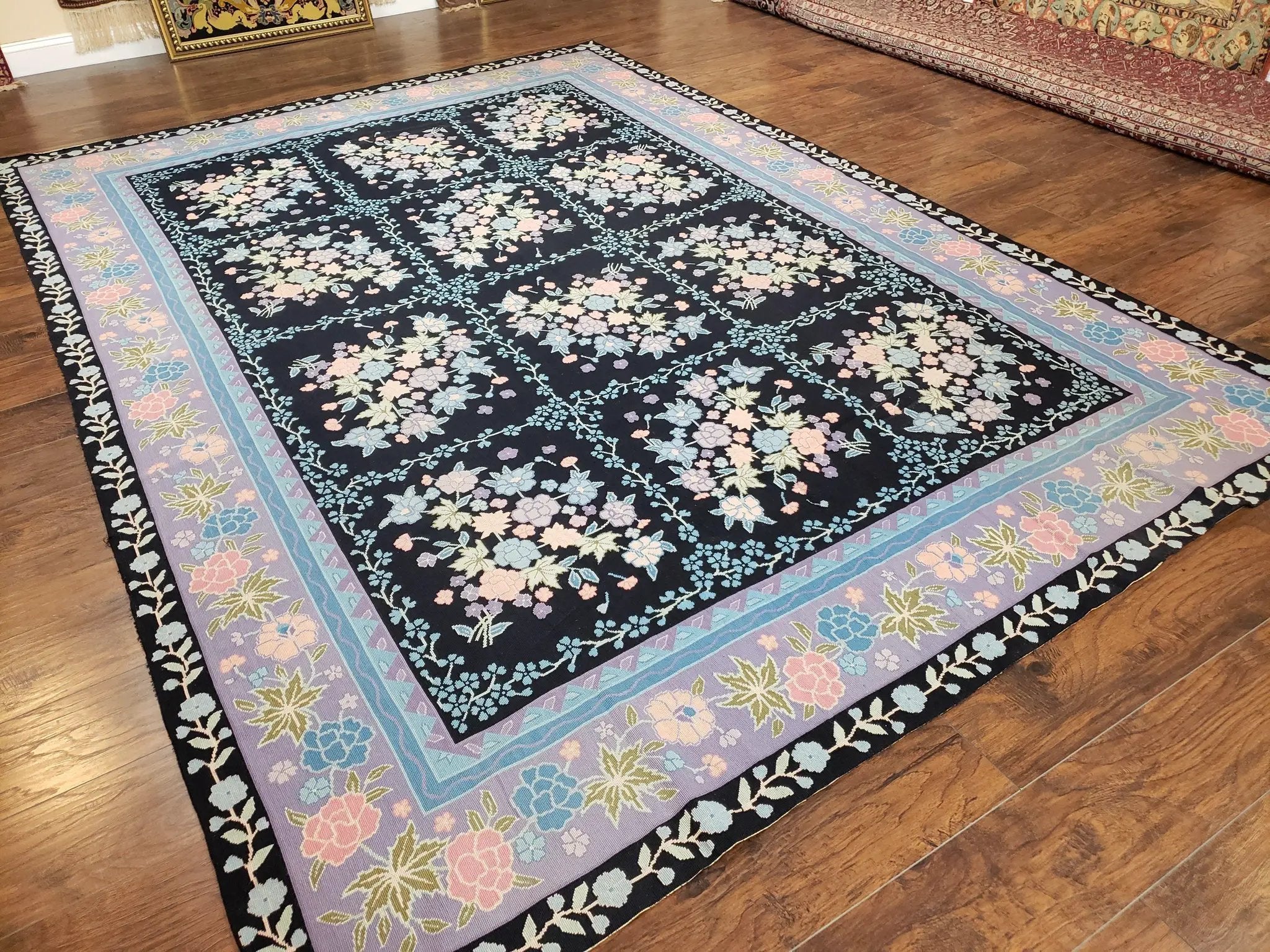 Chinese Needlepoint Rug 8 x 11.4, Hand-Woven Area Carpet, Flatweave Rug, Black Blue Light Violet Floral Garden European Design Wool Aubusson by Jewel Rugs