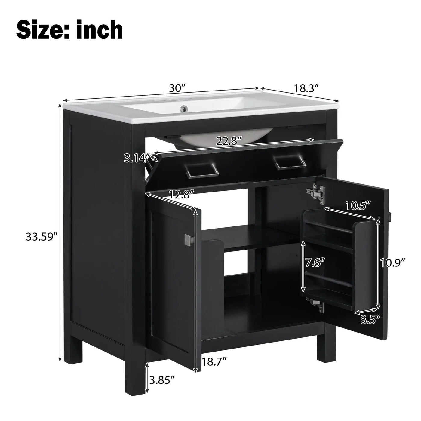 Bathroom Vanity With Ceramic Sink, Modern Single Bathroom Cabinet With 2 Doors And A Shelf, Soft Close Doors by Unique Piece Furniture