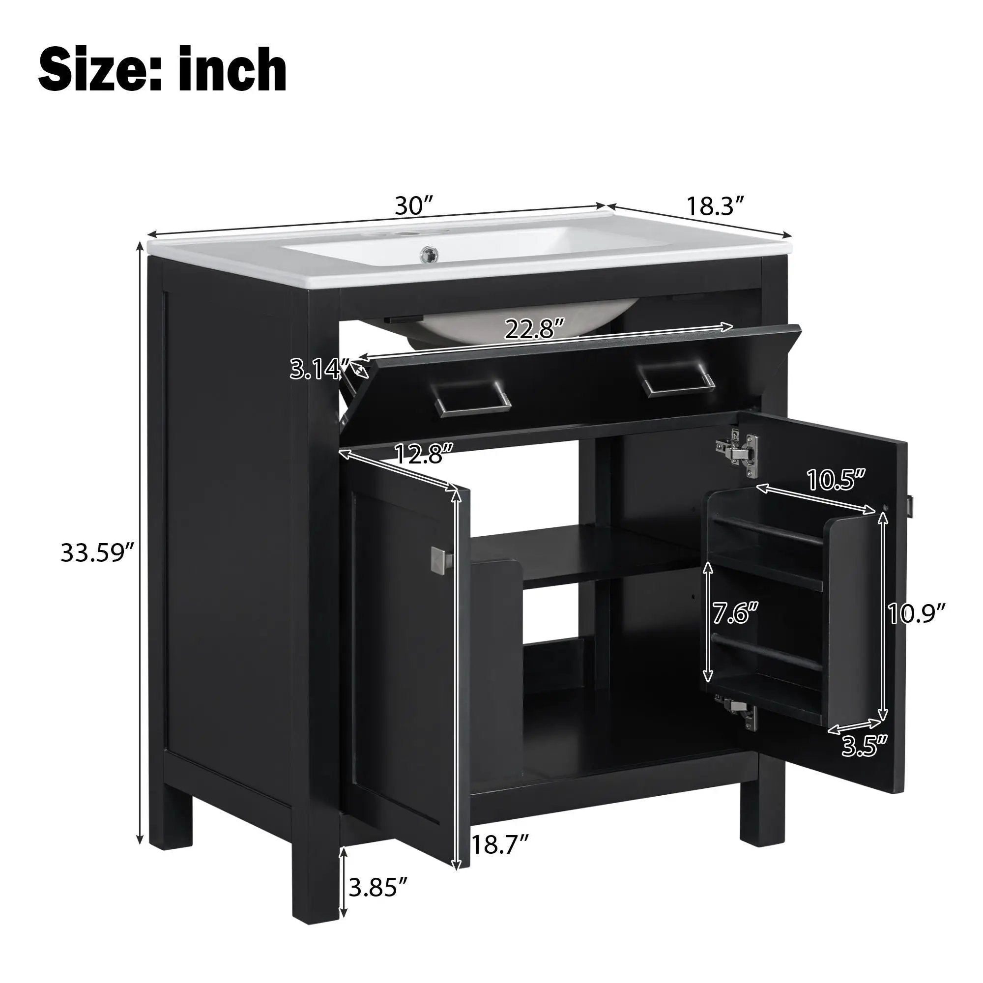 Bathroom Vanity With Ceramic Sink, Modern Single Bathroom Cabinet With 2 Doors And A Shelf, Soft Close Doors by Unique Piece Furniture