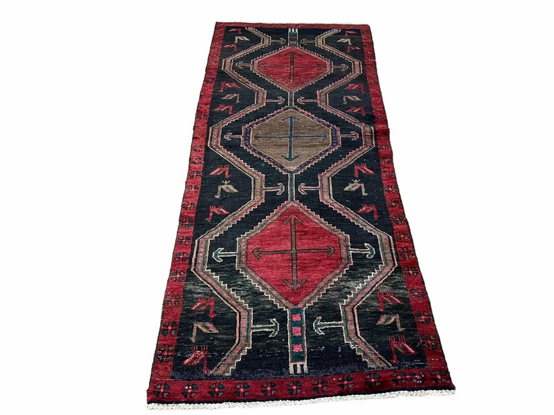 3 X 7 Handmade Wool Tribal Runner Rug Geometric Red Blue Boho Organic Dyes by Jewel Rugs