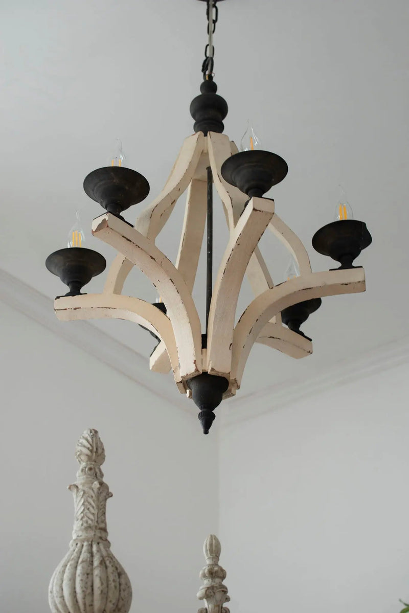 6 Light Wood Chandelier, Hanging Light Fixture With Adjustable Chain For Kitchen, Bulb Not Included - Cream by Unique Piece Furniture