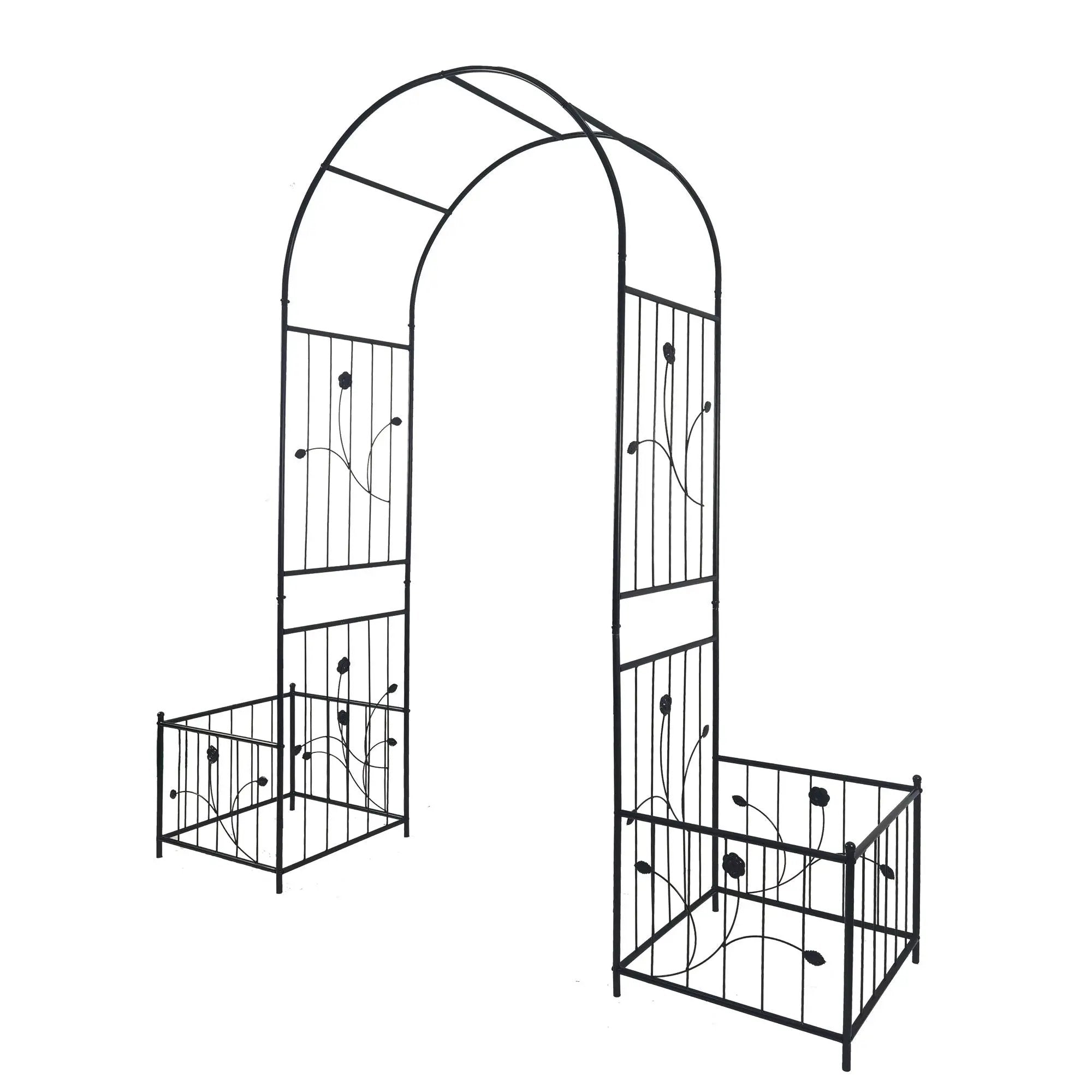 Metal Garden Arch With Two Plant Stands Wide High Climbing Plants Support Rose Arch Outdoor - Black by Unique Piece Furniture