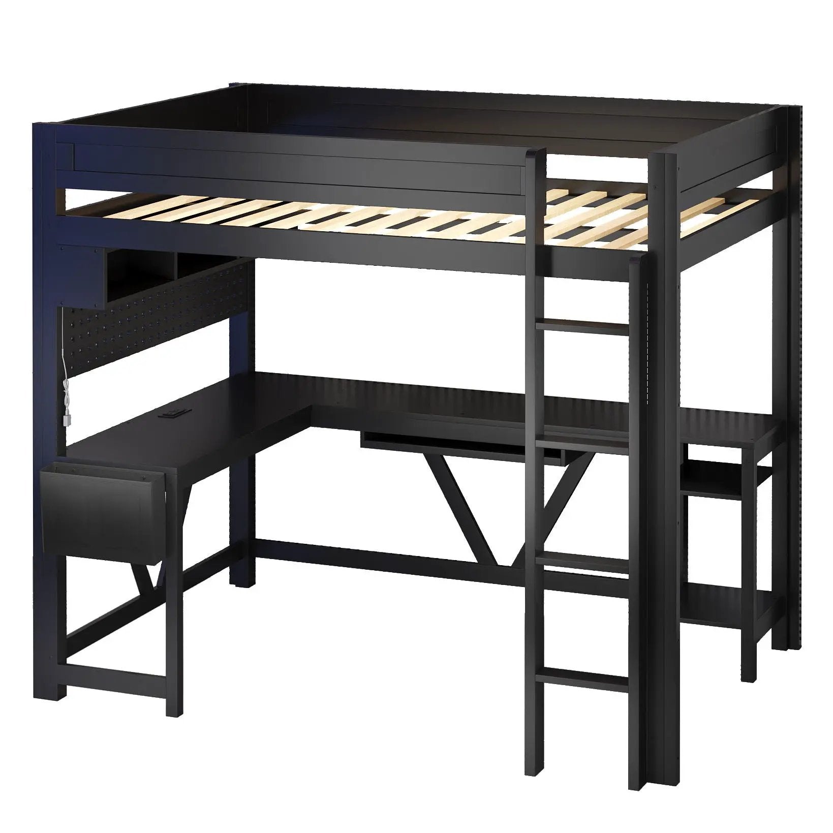 Gaming Loft Bed With Desk, Storage Shelves, LED And Charging Station