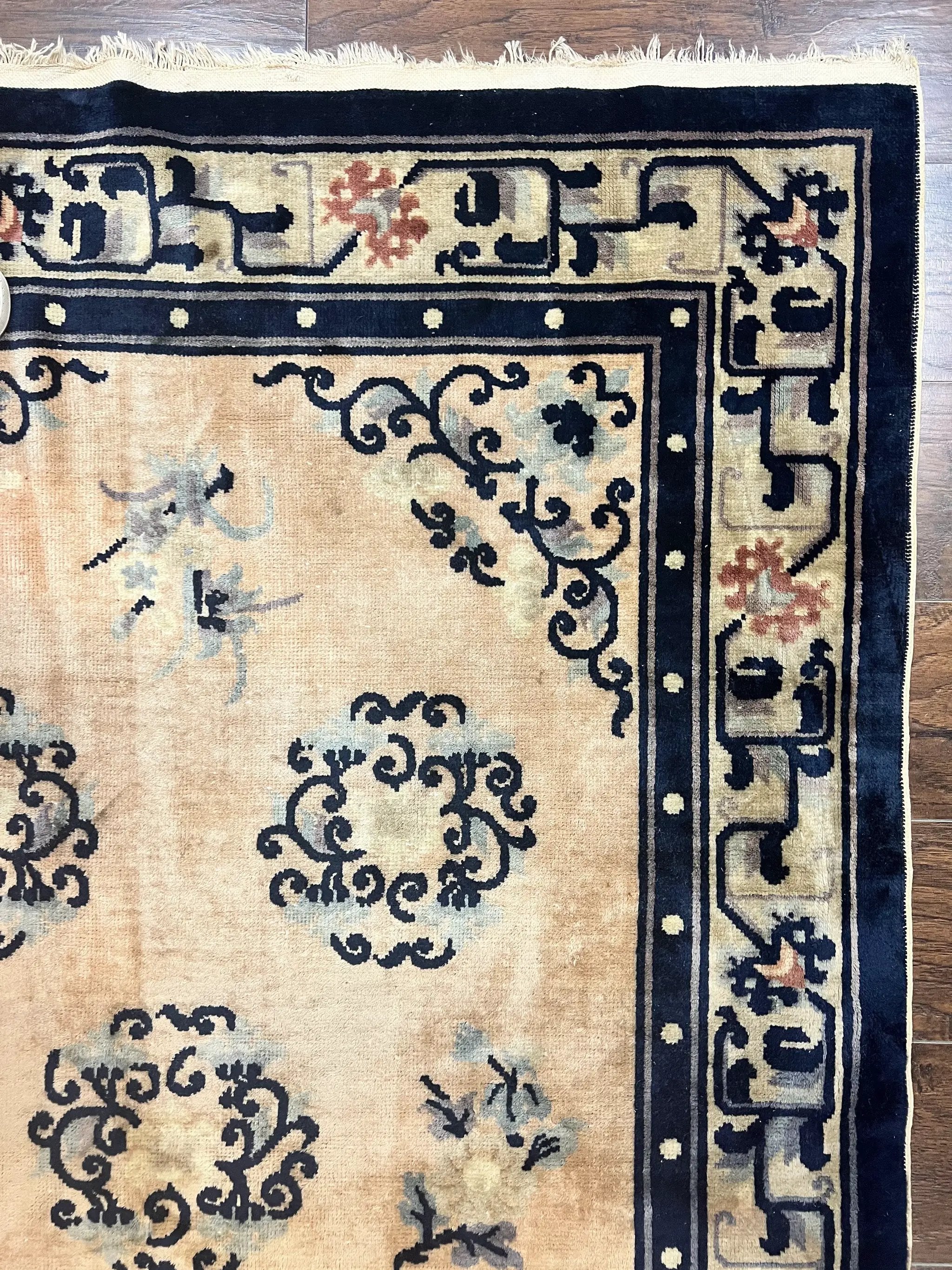 Chinese Peking Rug 4x6, Wool Hand Knotted Handmade Vintage Semi Antique Carpet, Semi Open Field, Light Peach & Navy Blue, Art Deco Rug by Jewel Rugs