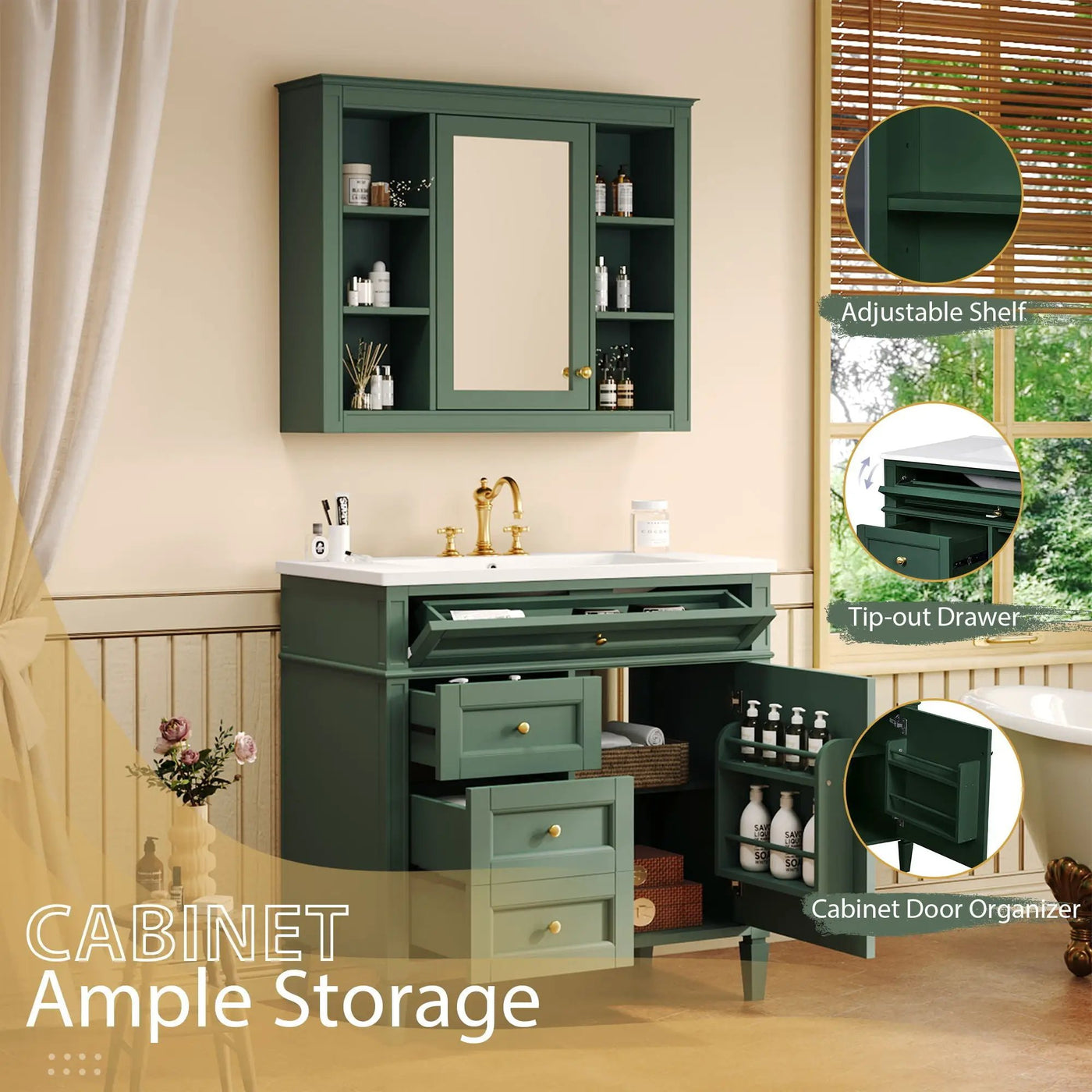 Bathroom Vanity With Mirror Cabinet, Single Sink With 2 Soft Closing Doors And 4 Drawers by Unique Piece Furniture