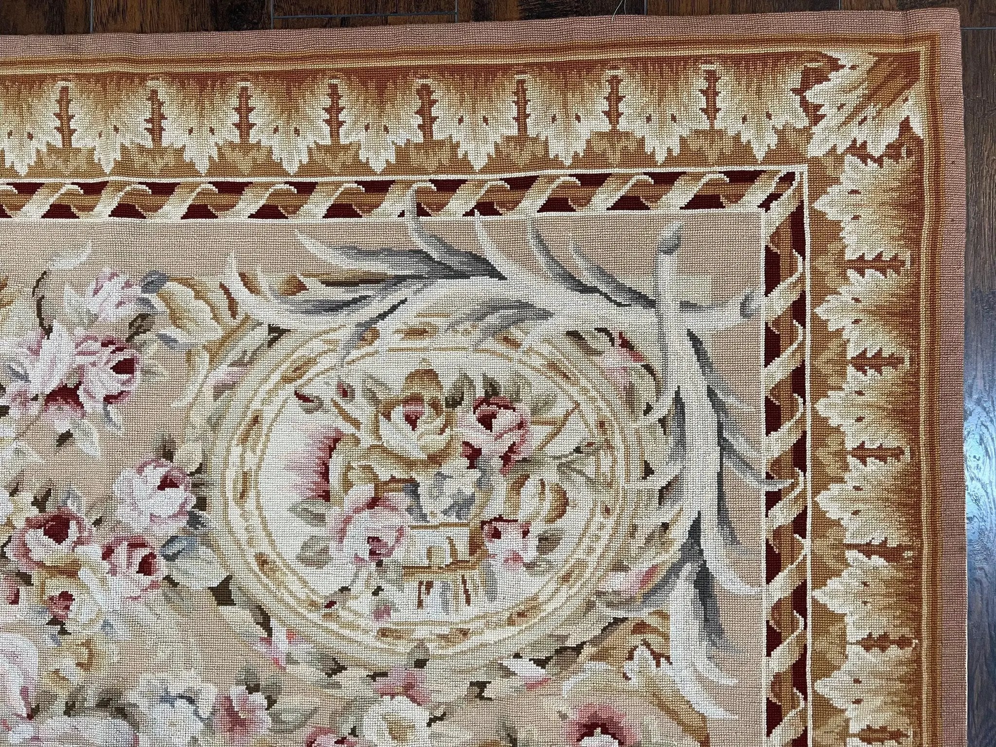 Aubusson Rug 9x12, Elegant Savonnerie Carpet 9 x 12 ft, Beige Ivory Tan, Floral, Flatweave Wool Handmade Area Rug 9 x 12 ft, European French by Jewel Rugs