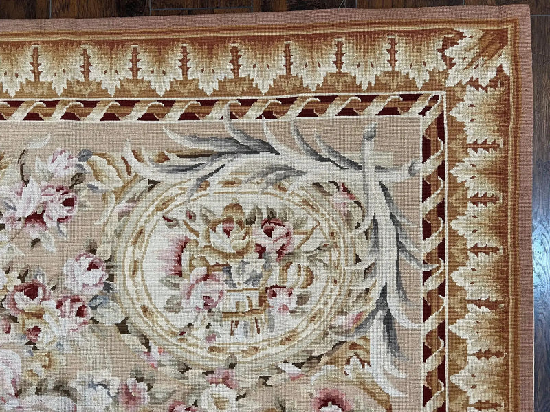 Aubusson Rug 9x12, Elegant Savonnerie Carpet 9 x 12 ft, Beige Ivory Tan, Floral, Flatweave Wool Handmade Area Rug 9 x 12 ft, European French by Jewel Rugs
