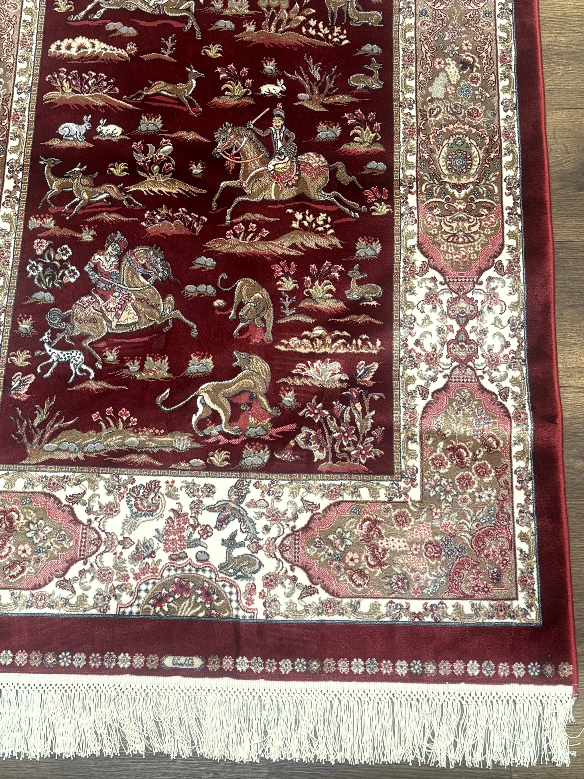 Turkish Silk Rug 3x5, Hunting Design, Dark Red & Ivory, Bamboo Silk, New by Jewel Rugs