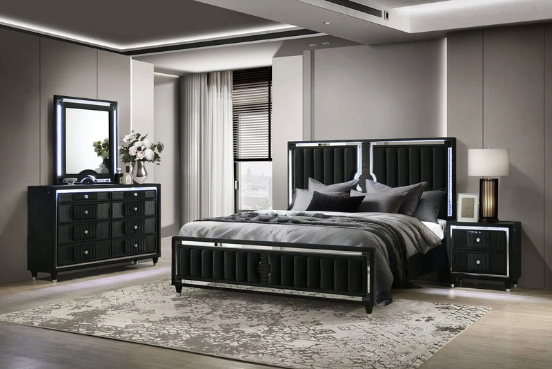 Ravenne 4-piece Velvet Upholstered Eastern King LED Bedroom Set Black by Unique Piece Furniture