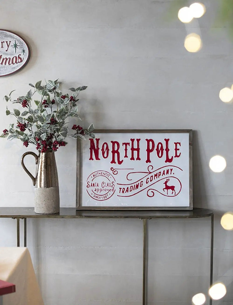 Iron / Wood North Pole Trading Company Wall Sign, For Christmas Holiday Table Wall Decor - White / Red by Unique Piece Furniture