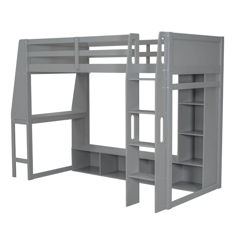Gaming Loft Bed With Desk, Multi Storage Shelves, LED Lighting, And Hanging Clothes Rack by Unique Piece Furniture
