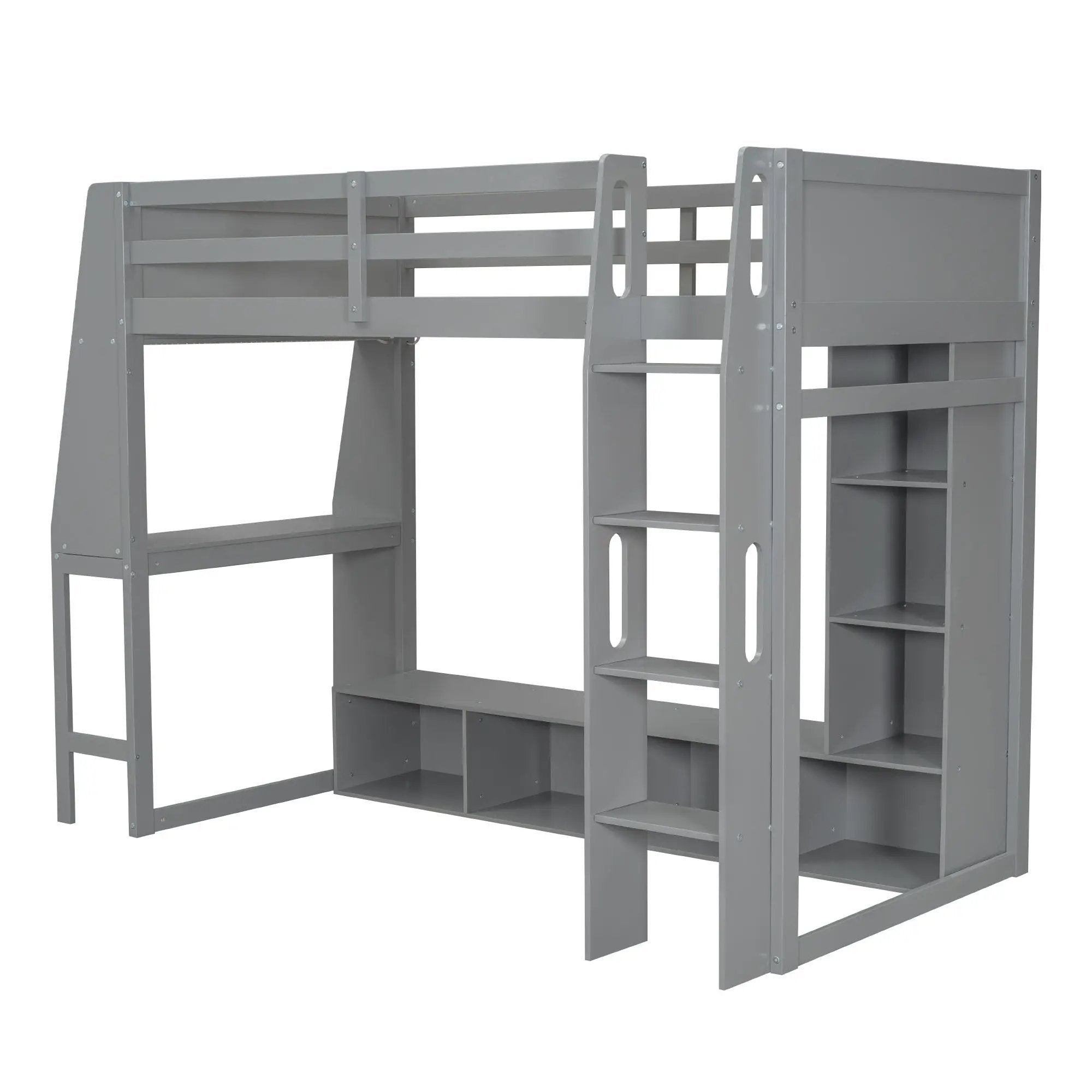 Gaming Loft Bed With Desk, Multi Storage Shelves, LED Lighting, And Hanging Clothes Rack by HouseOfZazla