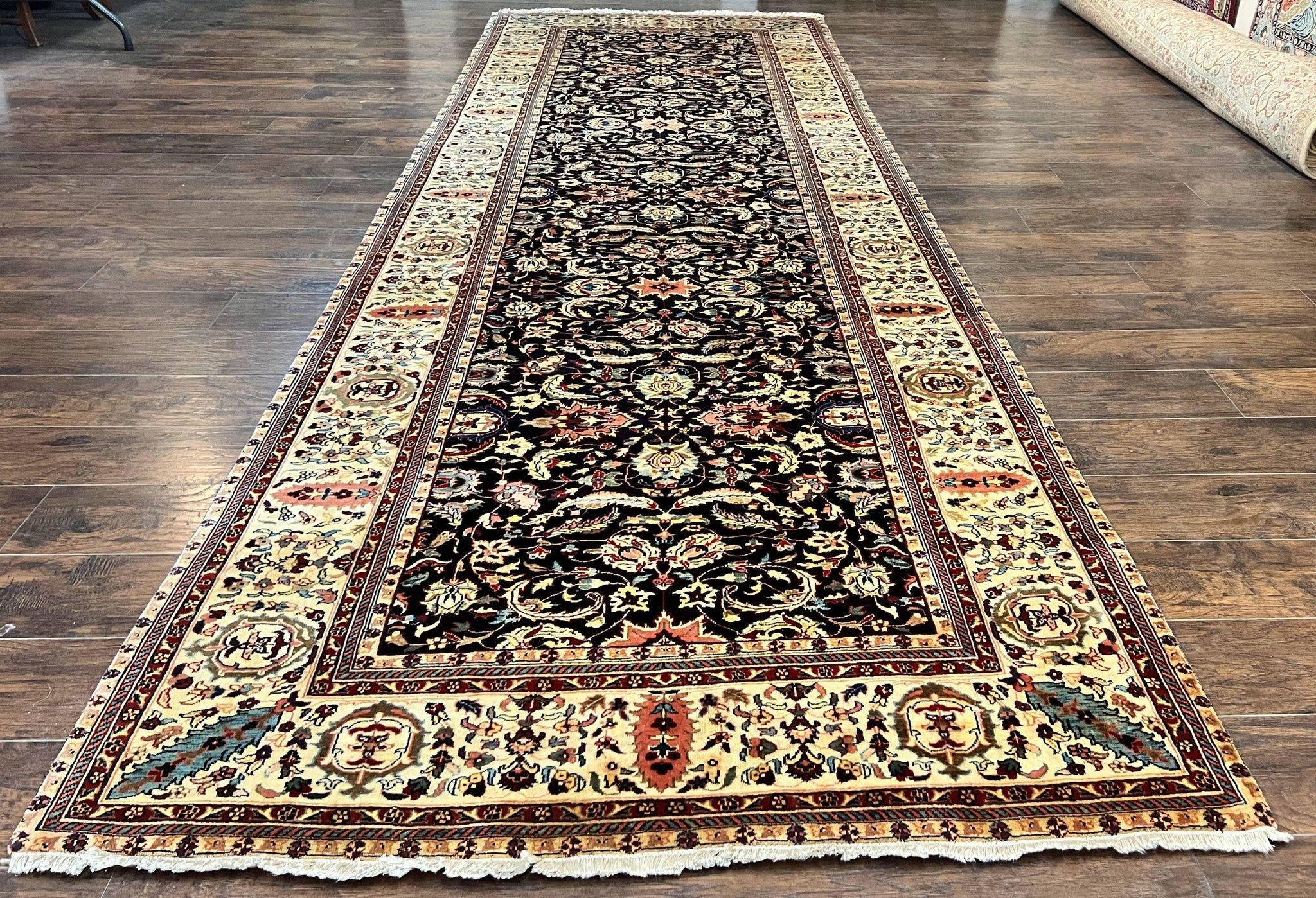Indo Persian Rug 5x15, Wide Runner Rug 5 x 15 ft, Wool Hand Knotted Vintage Carpet, Black & Cream, Floral Allover Long Oriental Rug by Jewel Rugs