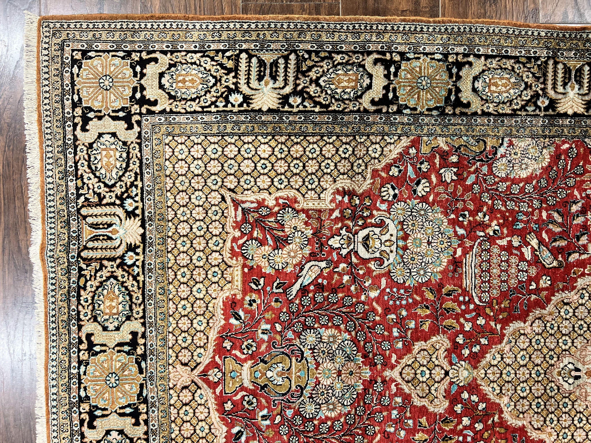 Wonderful Persian Silk Rug 5x7, Birds Floral Vases, Red, Hand Knotted Silk Fine Oriental Carpet, Handmade Vintage, Persian Qum Rug, 400 KPSI by Jewel Rugs