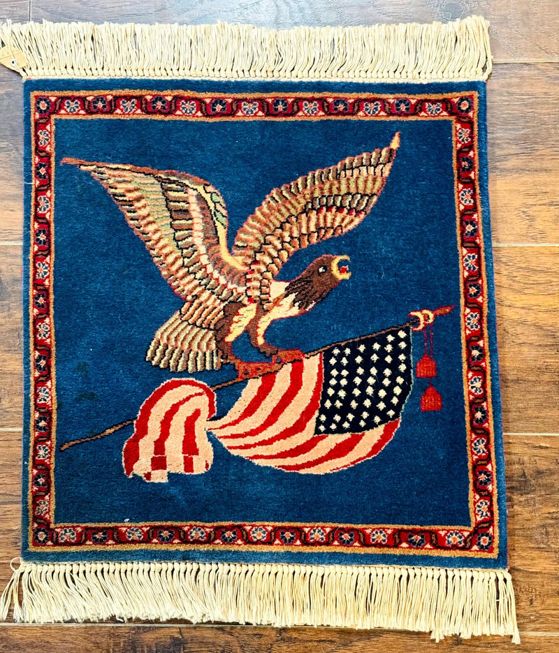 Pictorial Rug of American Flag with Bald Eagle, Small Indo Persian Pictorial Rug, Blue, Handmade, Very Fine 330 KPSI by Jewel Rugs