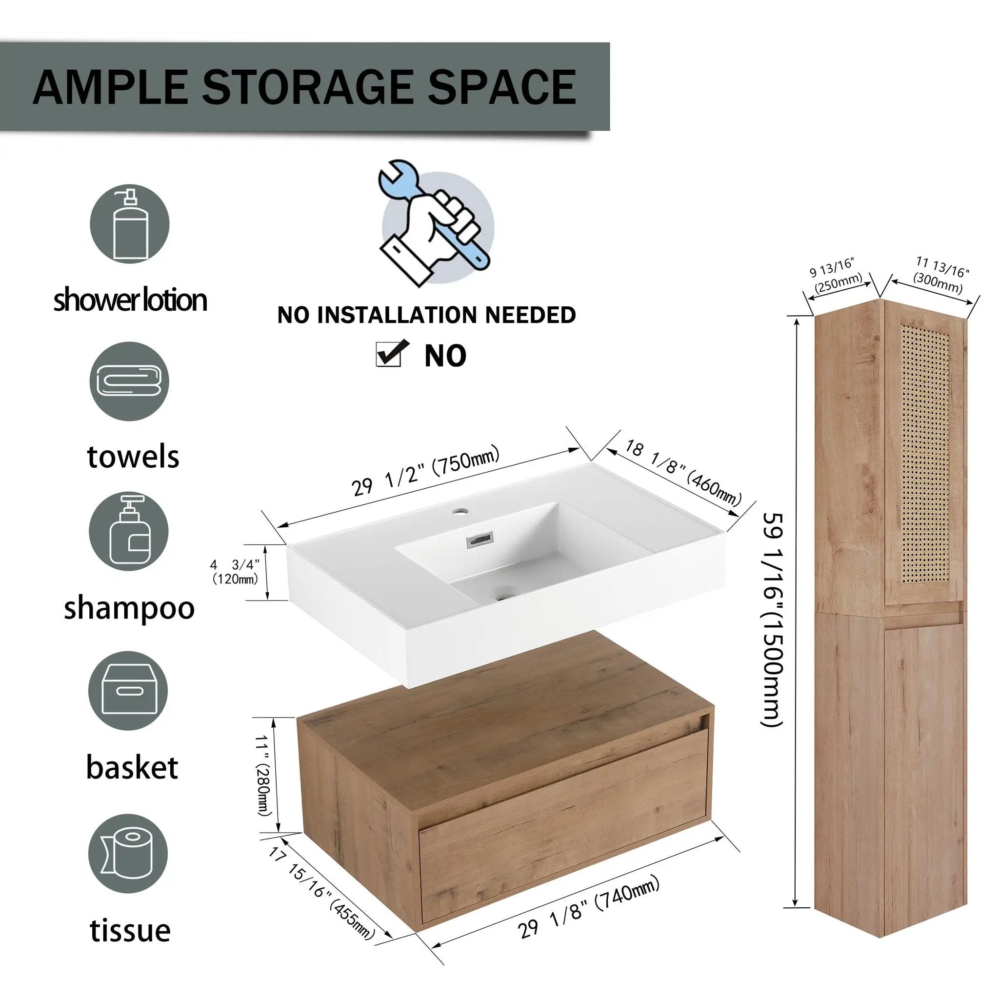 Contemporary Wall Mounted Bathroom Vanity With Resin Sink And 2 Side Cabinet - Imitative Oak by HouseOfZazla