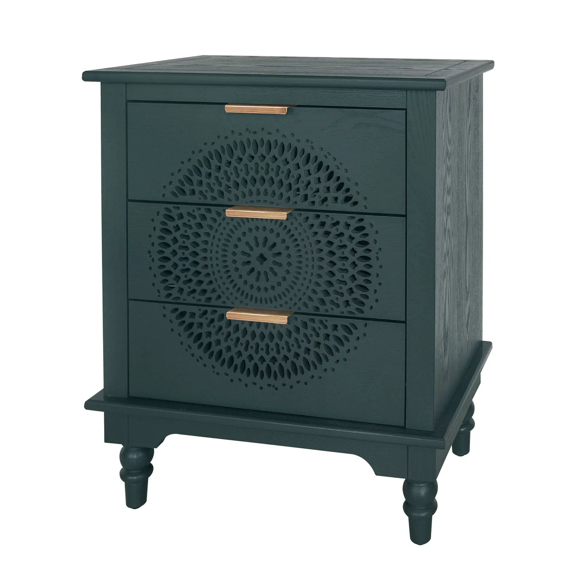 Hollow Carved 3 Drawer Dresser With Metal Handles, Storage Chest For Living Room Or Bedroom - Blackish Green by Unique Piece Furniture