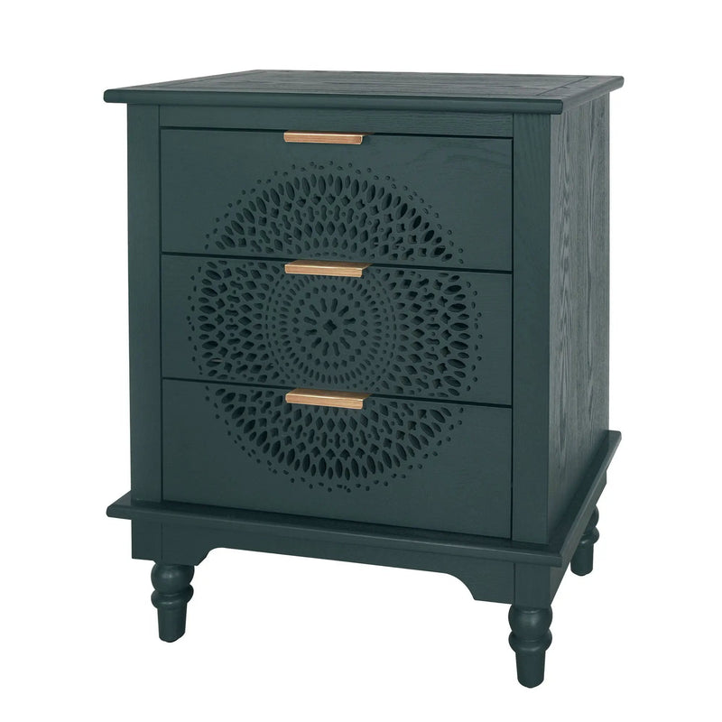 Hollow Carved 3 Drawer Dresser With Metal Handles, Storage Chest For Living Room Or Bedroom - Blackish Green by HouseOfZazla