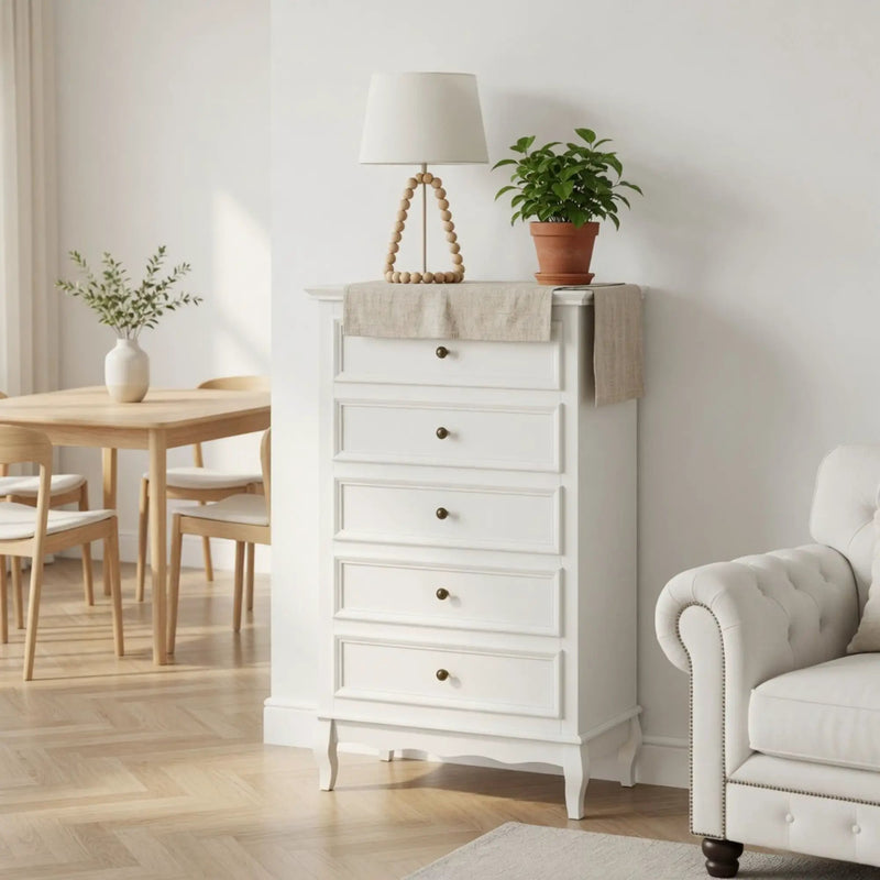 5 Drawer Tall Wide Chest Of Drawers - White by HouseOfZazla