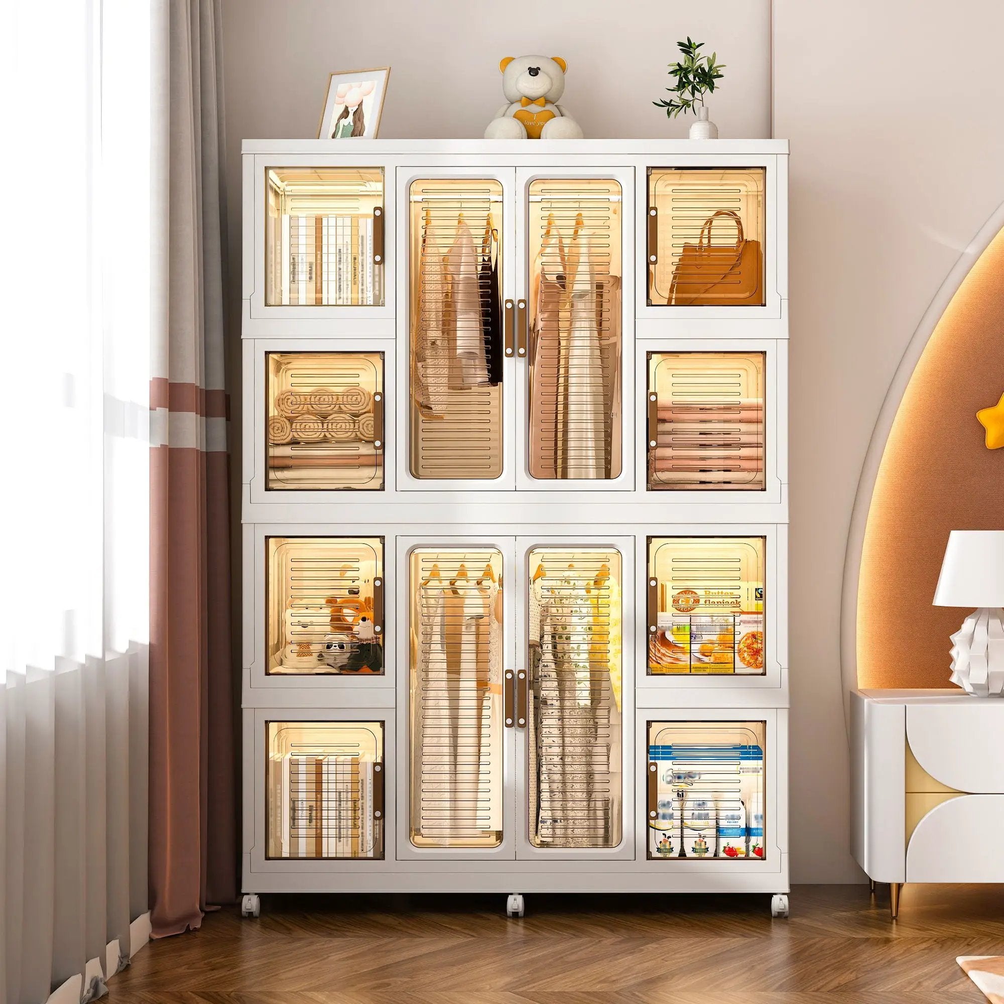 Portable Wardrobe Closet Storage Organizer For Clothes With Magnetic Doors, 12 Cubes & 2 Hanging Rods - White by Unique Piece Furniture