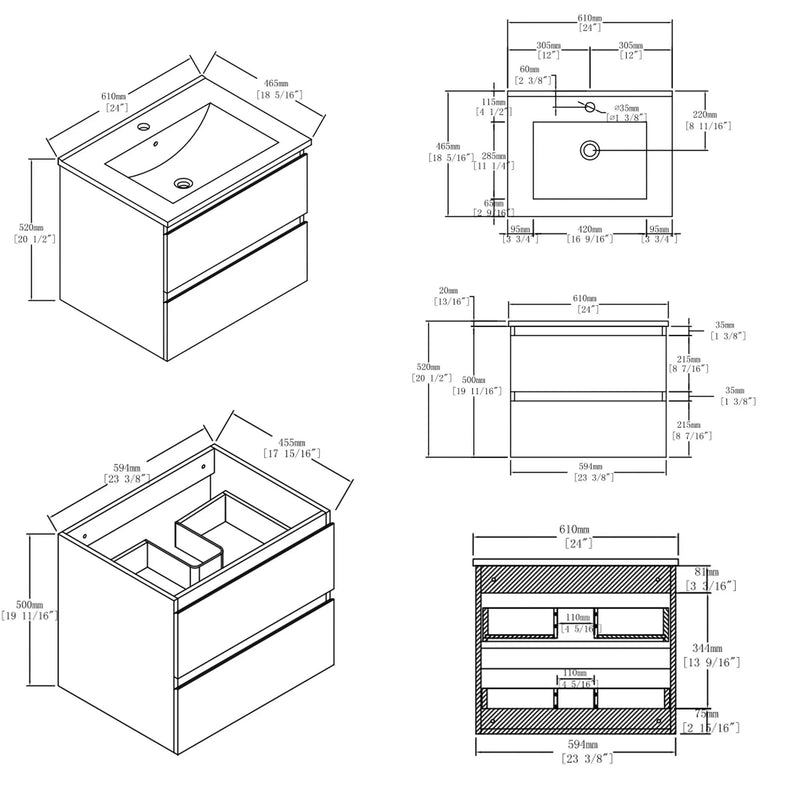 24 Inch Floating Bathroom Vanity with Sink, Soft-Close Drawer, Ceramic Sink, Plywood by HouseOfZazla