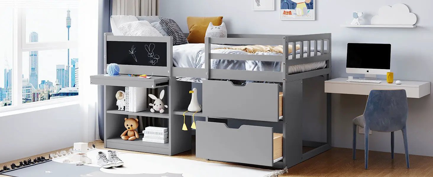 Low Loft Bed With Rolling Desk, Shelf And Drawers by HouseOfZazla