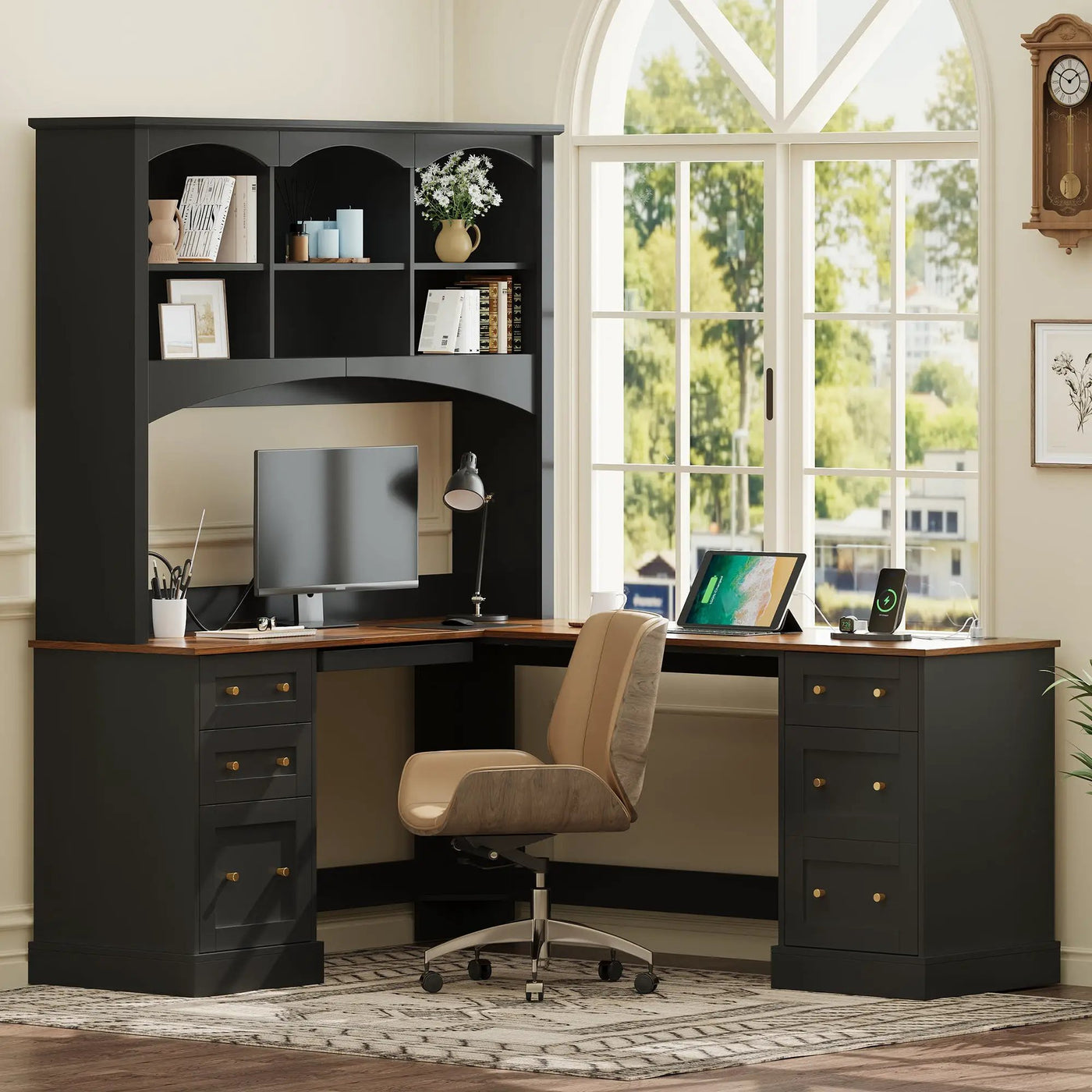 Space-Saving L-Shaped Computer Desk with Keyboard Tray & Charging Stations by HouseOfZazla