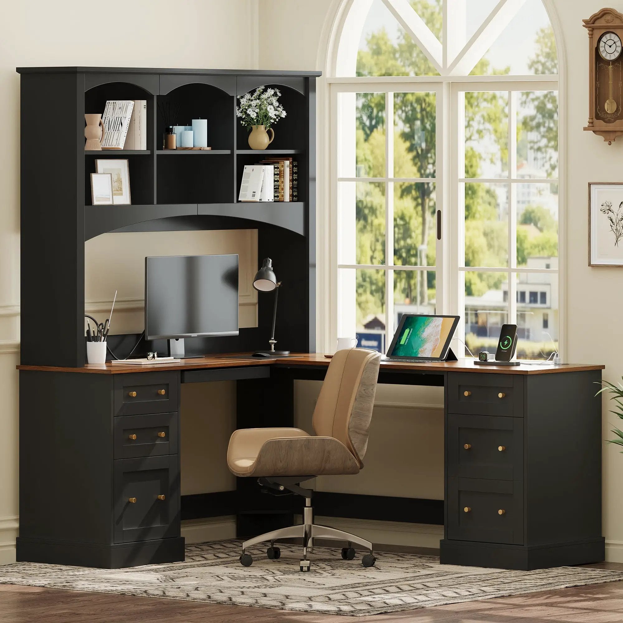 Space-Saving L-Shaped Computer Desk with Keyboard Tray & Charging Stations by HouseOfZazla