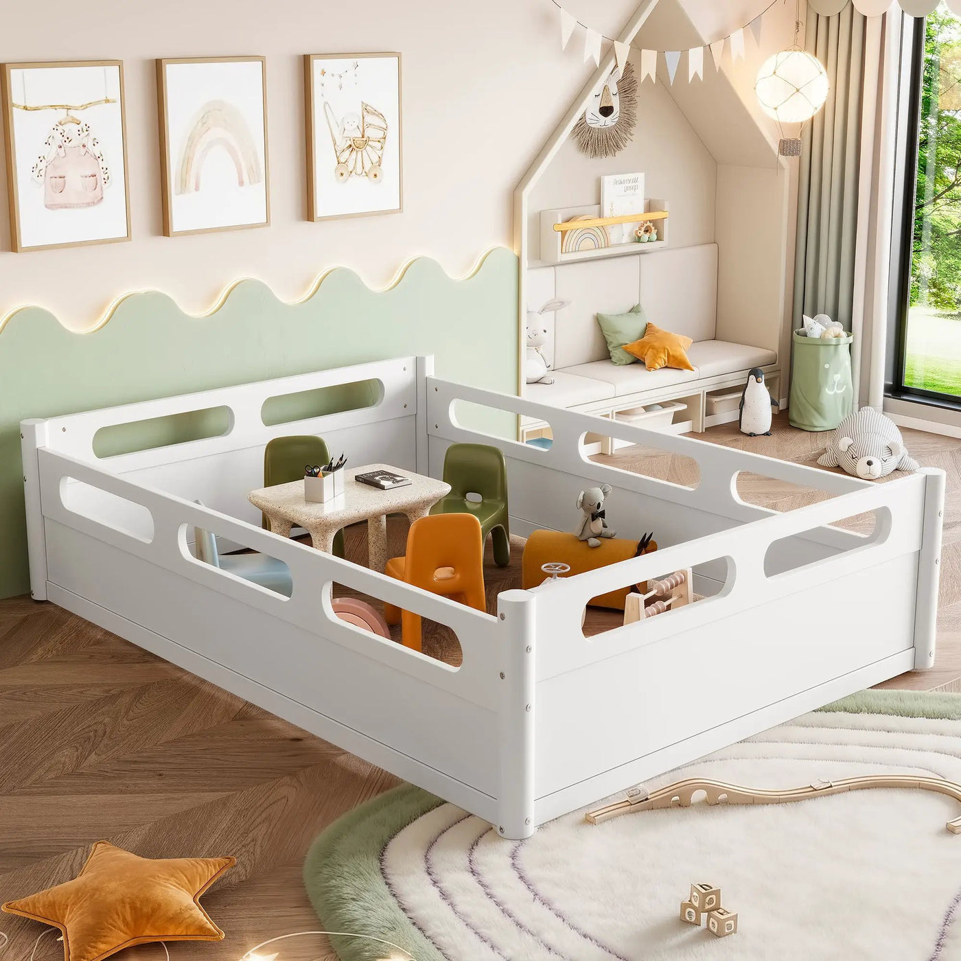 Full Size Floor Platform Bed with Full-length Guardrails by HouseOfZazla