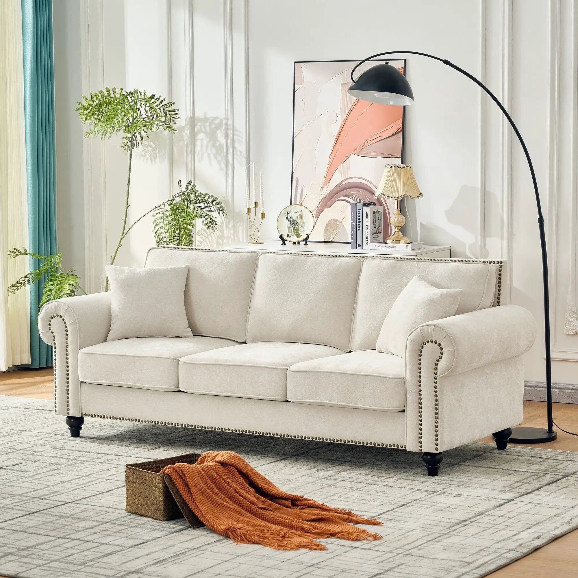 3 Seater Sofa With Tufted Upholstery, Rolled Arms, Nailhead Trim by HouseOfZazla