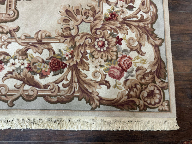 Aubusson Rug 8x12, European French Savonnerie Design, Thick Wool Pile, Elegant Rug, Cream Beige Light Green by Jewel Rugs