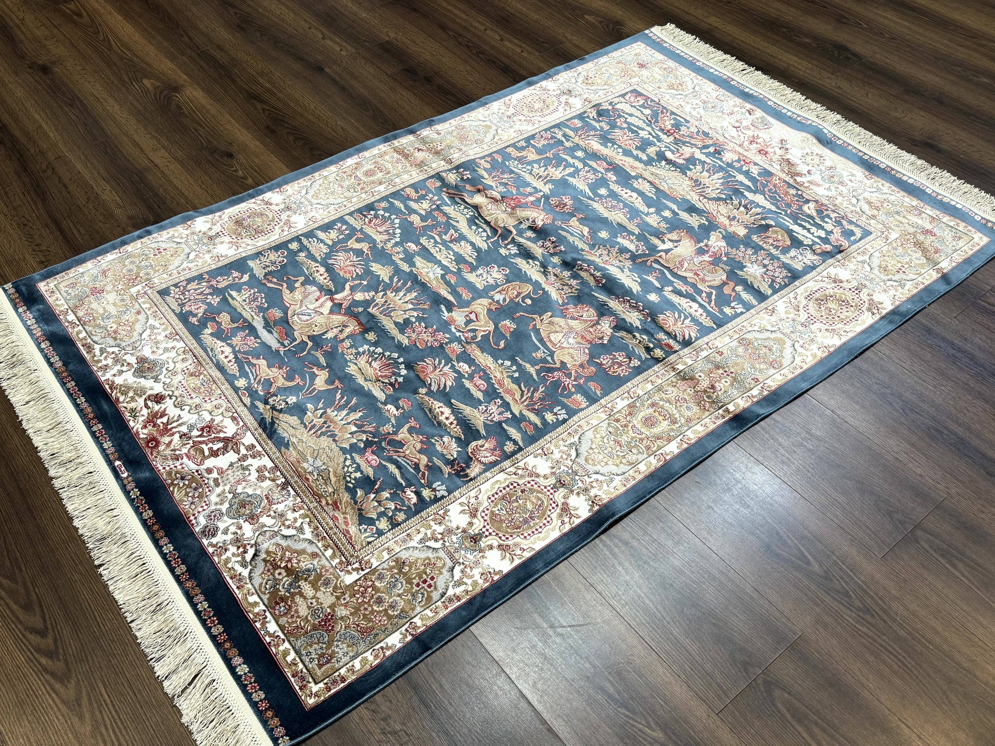 Turkish Silk Hunting Design Rug 4x6, Dark Steel Blue & Ivory, Bamboo Silk, New by Jewel Rugs