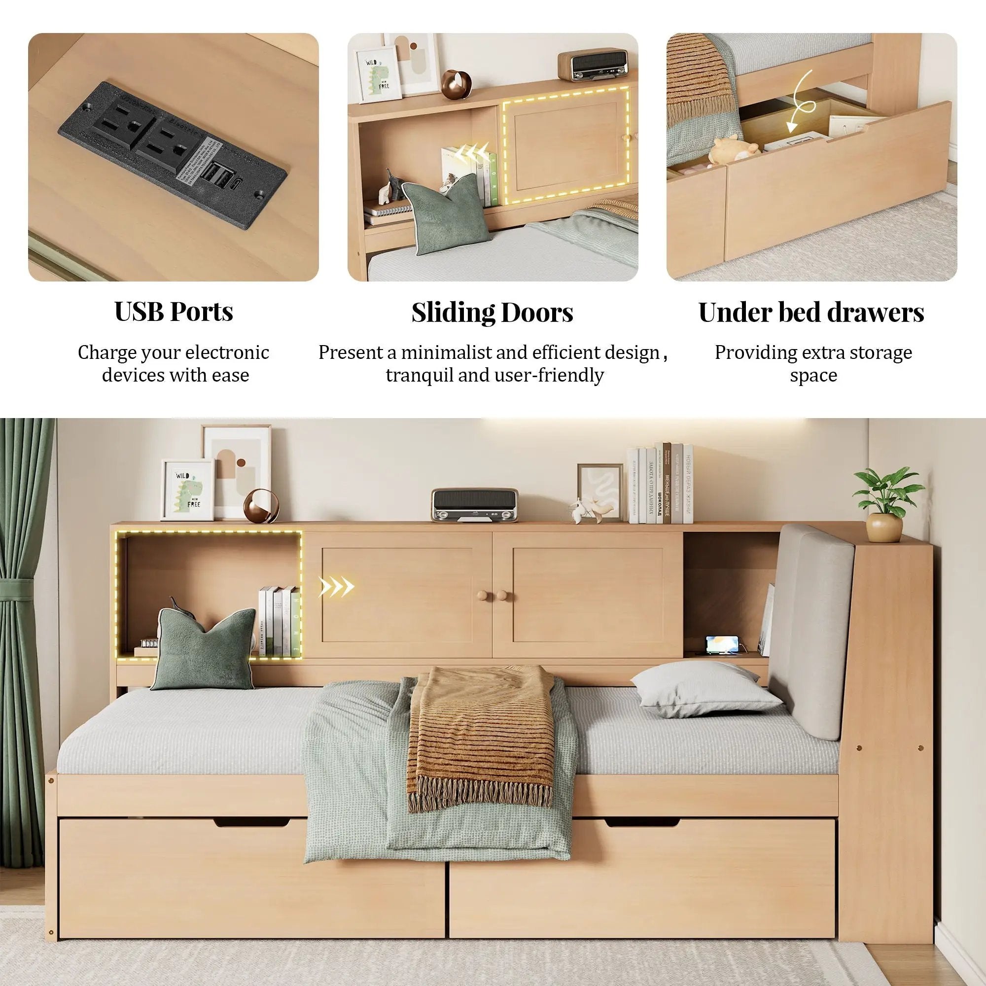 Twin L - Shaped Daybed With Storage Bookcase, Upholstered Headboard, USB Charging Ports & Hidden Drawers - Natural by HouseOfZazla