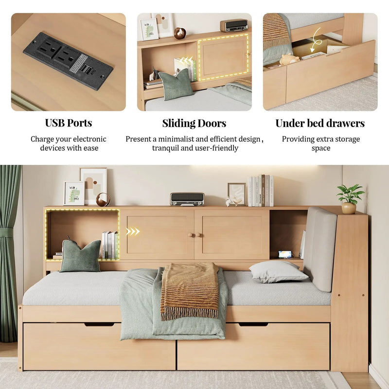 Twin L - Shaped Daybed With Storage Bookcase, Upholstered Headboard, USB Charging Ports & Hidden Drawers - Natural by HouseOfZazla